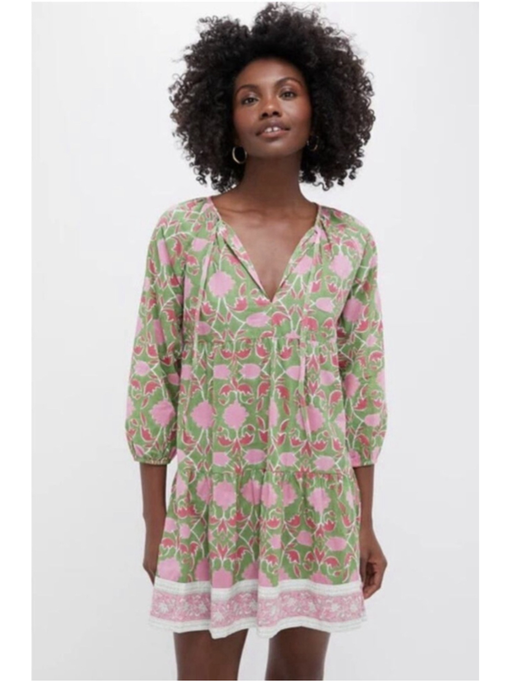Tuckernuck SZ Blockprints NWT Celery Lisbon Priya Mini Dress LG Cotton Tiered